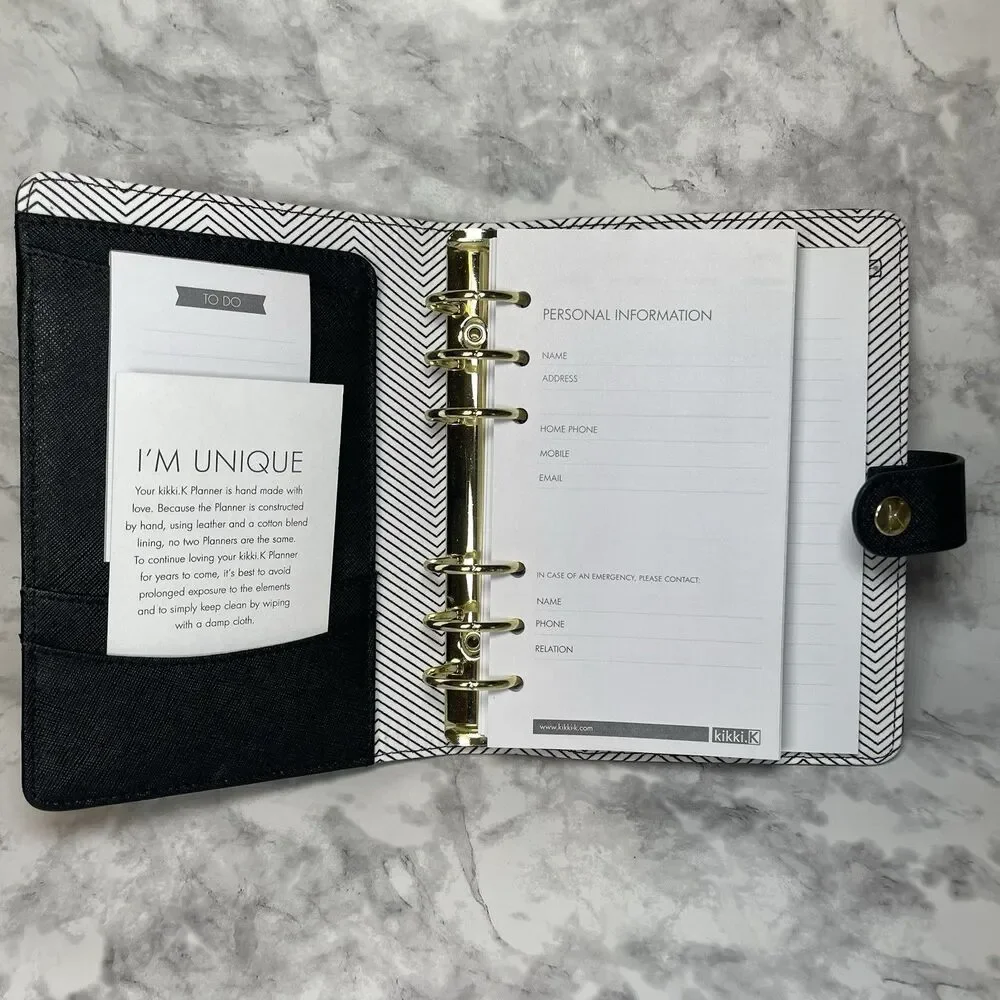 Kikki K Black Leather Personal Planner Medium Gold Snap Organizer New Boxed-READ